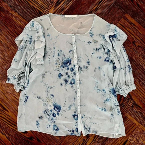 Beautiful Timeless LoveShackFancy SILK Floral Romantic Blouse Ruffle sleeves too - Picture 2 of 6